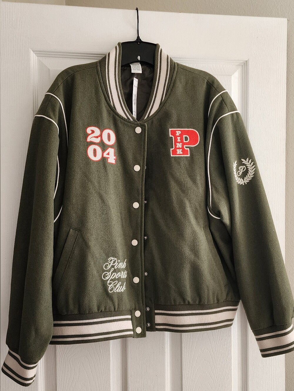 New PINK Victoria's Secret Olive Green Varsity Jacket with White & Red Accents